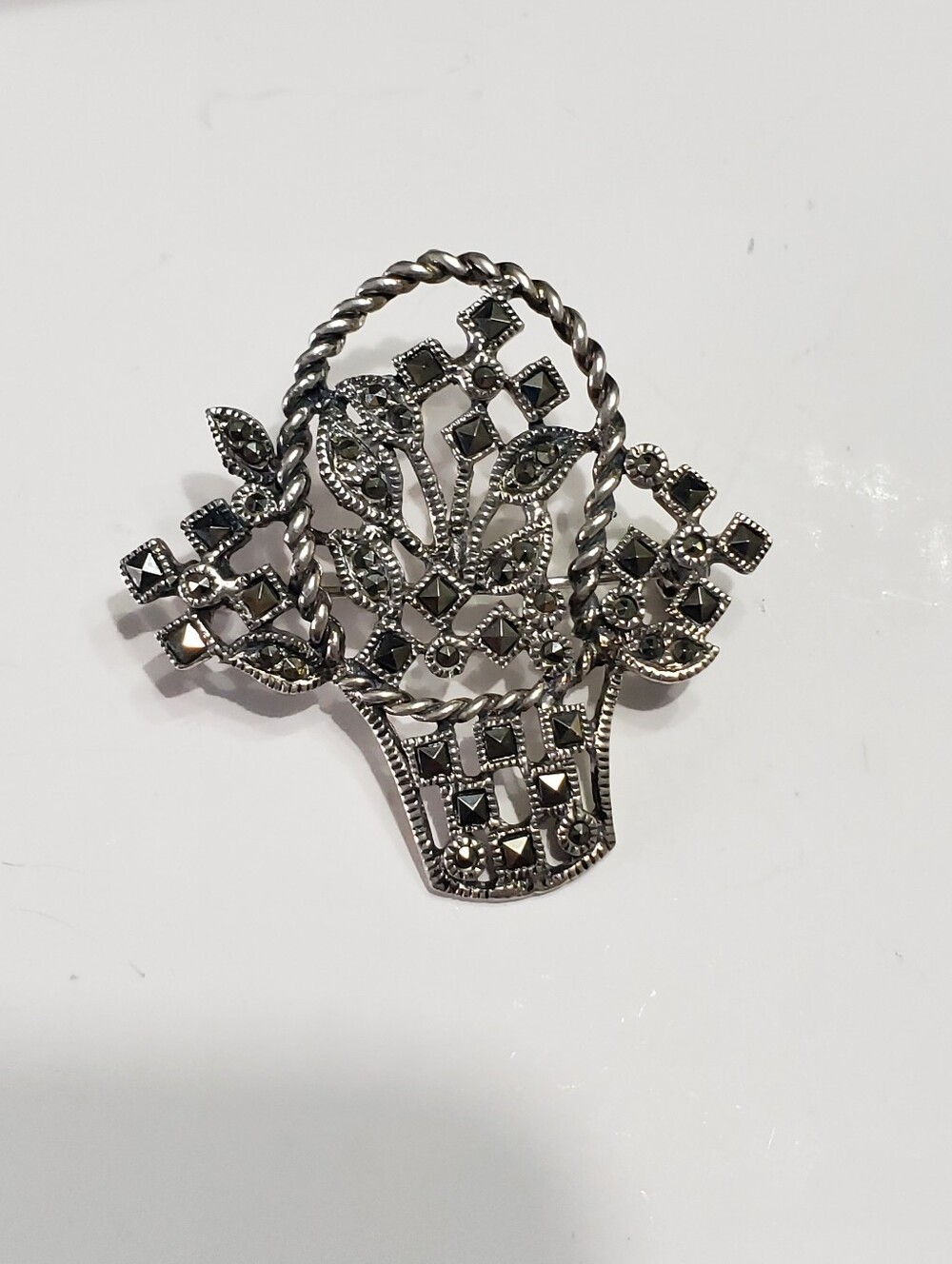 Vintage 1940s Silver 925 Marcasite Floral Basket Brooch - Silver